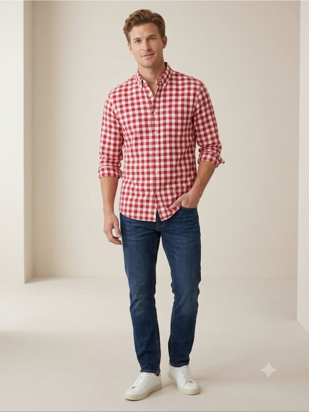 MOCOTONO Red and White Gingham Button-Up Shirt